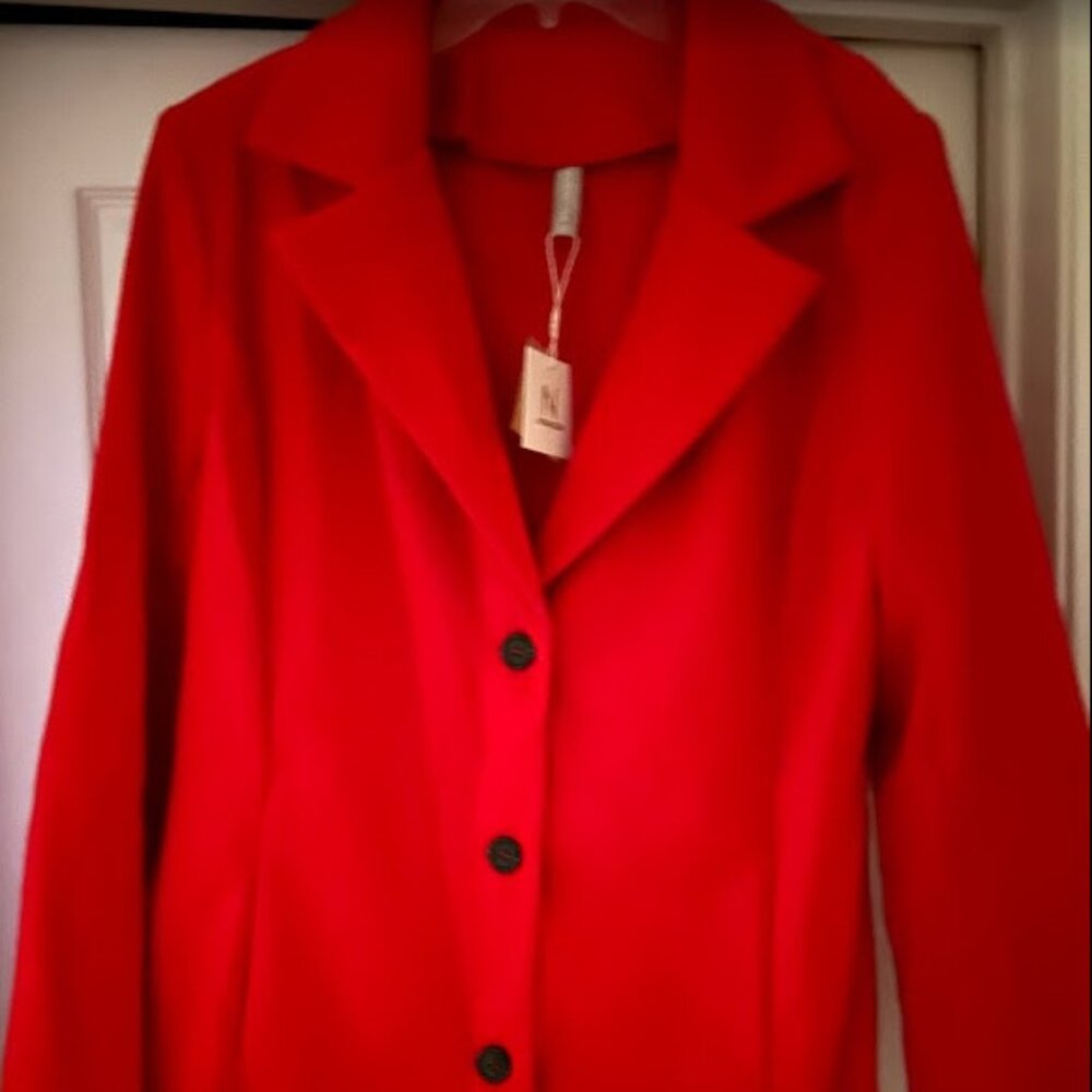 Red oversize lightweight, mid-thigh jacket with black buttons